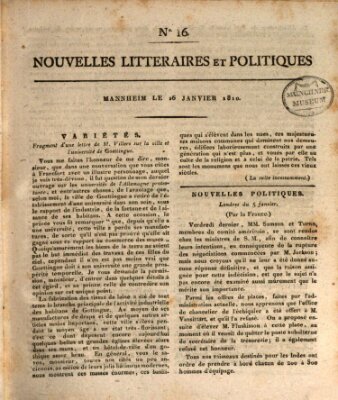 Nouvelles littéraires et politiques (Gazette des Deux-Ponts) Dienstag 16. Januar 1810