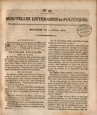 Nouvelles littéraires et politiques (Gazette des Deux-Ponts) Montag 2. April 1810