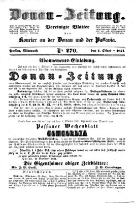 Donau-Zeitung Mittwoch 1. Oktober 1851