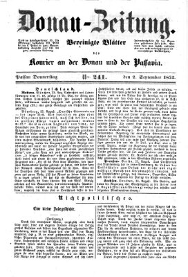 Donau-Zeitung Donnerstag 2. September 1852