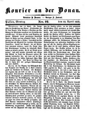 Kourier an der Donau (Donau-Zeitung) Montag 18. April 1836