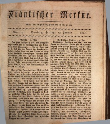 Fränkischer Merkur (Bamberger Zeitung) Freitag 13. Januar 1815
