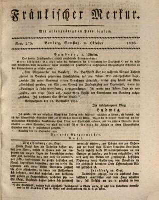 Fränkischer Merkur (Bamberger Zeitung) Samstag 2. Oktober 1830