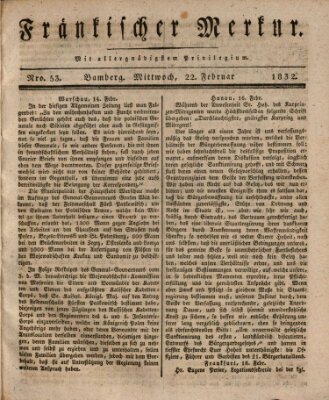 Fränkischer Merkur (Bamberger Zeitung) Mittwoch 22. Februar 1832