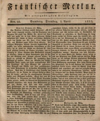 Fränkischer Merkur (Bamberger Zeitung) Dienstag 3. April 1832