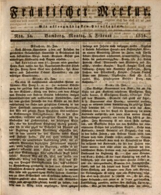 Fränkischer Merkur (Bamberger Zeitung) Montag 3. Februar 1834