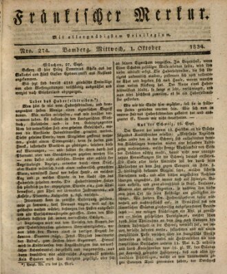 Fränkischer Merkur (Bamberger Zeitung) Mittwoch 1. Oktober 1834