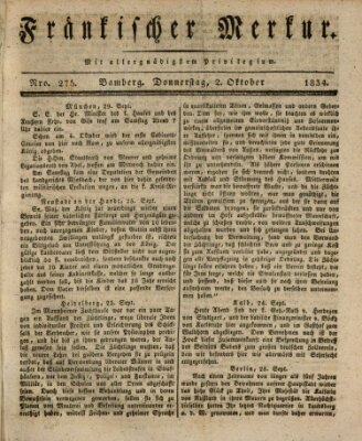 Fränkischer Merkur (Bamberger Zeitung) Donnerstag 2. Oktober 1834