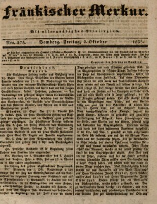 Fränkischer Merkur (Bamberger Zeitung) Freitag 2. Oktober 1835