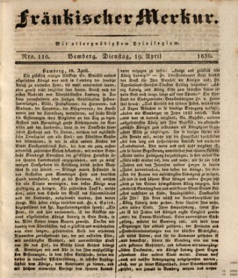 Fränkischer Merkur (Bamberger Zeitung) Dienstag 19. April 1836