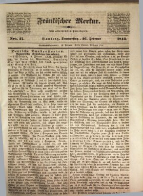 Fränkischer Merkur (Bamberger Zeitung) Donnerstag 16. Februar 1843