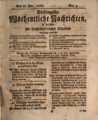 Nördlingische wöchentliche Nachrichten (Intelligenzblatt der Königlich Bayerischen Stadt Nördlingen) Freitag 17. Januar 1766