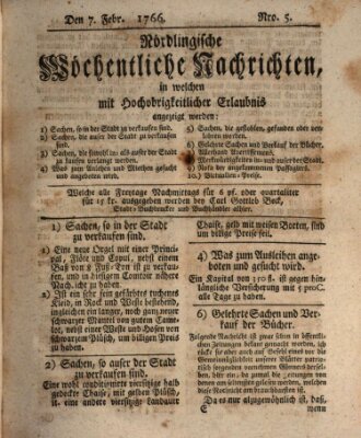 Nördlingische wöchentliche Nachrichten (Intelligenzblatt der Königlich Bayerischen Stadt Nördlingen) Freitag 7. Februar 1766