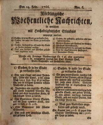 Nördlingische wöchentliche Nachrichten (Intelligenzblatt der Königlich Bayerischen Stadt Nördlingen) Freitag 14. Februar 1766