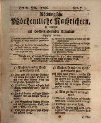 Nördlingische wöchentliche Nachrichten (Intelligenzblatt der Königlich Bayerischen Stadt Nördlingen) Freitag 21. Februar 1766