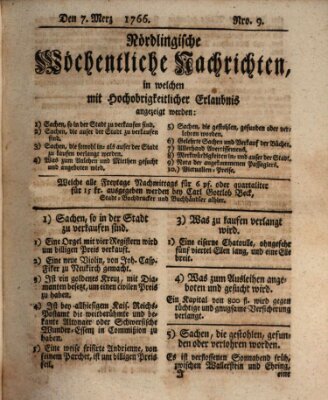 Nördlingische wöchentliche Nachrichten (Intelligenzblatt der Königlich Bayerischen Stadt Nördlingen) Freitag 7. März 1766