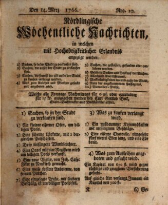 Nördlingische wöchentliche Nachrichten (Intelligenzblatt der Königlich Bayerischen Stadt Nördlingen) Freitag 14. März 1766