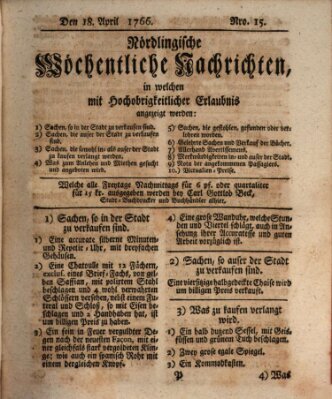 Nördlingische wöchentliche Nachrichten (Intelligenzblatt der Königlich Bayerischen Stadt Nördlingen) Freitag 18. April 1766