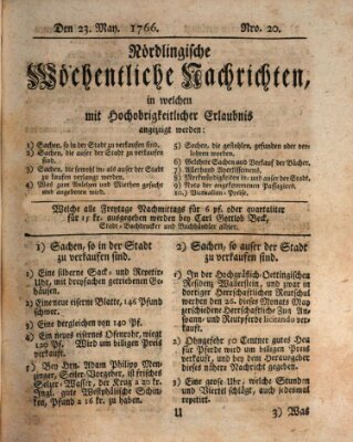 Nördlingische wöchentliche Nachrichten (Intelligenzblatt der Königlich Bayerischen Stadt Nördlingen) Freitag 23. Mai 1766