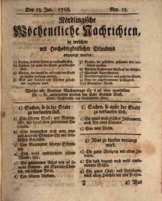 Nördlingische wöchentliche Nachrichten (Intelligenzblatt der Königlich Bayerischen Stadt Nördlingen) Freitag 13. Juni 1766