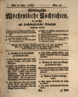 Nördlingische wöchentliche Nachrichten (Intelligenzblatt der Königlich Bayerischen Stadt Nördlingen) Freitag 27. Juni 1766