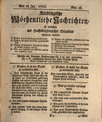 Nördlingische wöchentliche Nachrichten (Intelligenzblatt der Königlich Bayerischen Stadt Nördlingen) Freitag 18. Juli 1766