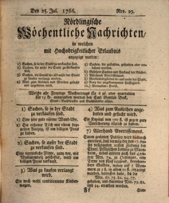 Nördlingische wöchentliche Nachrichten (Intelligenzblatt der Königlich Bayerischen Stadt Nördlingen) Freitag 25. Juli 1766