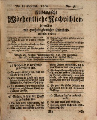 Nördlingische wöchentliche Nachrichten (Intelligenzblatt der Königlich Bayerischen Stadt Nördlingen) Freitag 12. September 1766