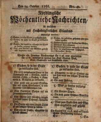 Nördlingische wöchentliche Nachrichten (Intelligenzblatt der Königlich Bayerischen Stadt Nördlingen) Freitag 24. Oktober 1766