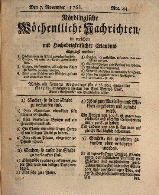 Nördlingische wöchentliche Nachrichten (Intelligenzblatt der Königlich Bayerischen Stadt Nördlingen) Freitag 7. November 1766