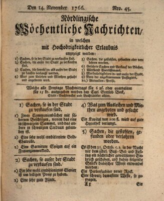 Nördlingische wöchentliche Nachrichten (Intelligenzblatt der Königlich Bayerischen Stadt Nördlingen) Freitag 14. November 1766