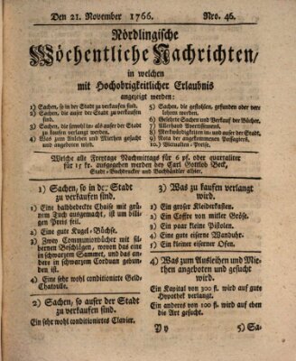 Nördlingische wöchentliche Nachrichten (Intelligenzblatt der Königlich Bayerischen Stadt Nördlingen) Freitag 21. November 1766