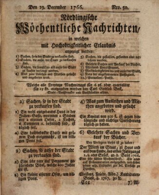 Nördlingische wöchentliche Nachrichten (Intelligenzblatt der Königlich Bayerischen Stadt Nördlingen) Freitag 19. Dezember 1766