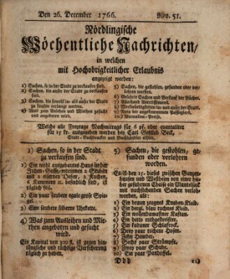 Nördlingische wöchentliche Nachrichten (Intelligenzblatt der Königlich Bayerischen Stadt Nördlingen) Freitag 26. Dezember 1766