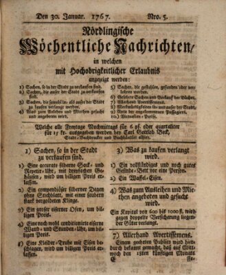 Nördlingische wöchentliche Nachrichten (Intelligenzblatt der Königlich Bayerischen Stadt Nördlingen) Freitag 30. Januar 1767