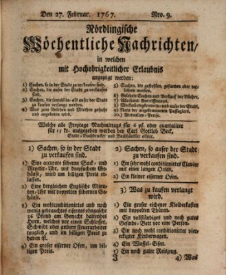 Nördlingische wöchentliche Nachrichten (Intelligenzblatt der Königlich Bayerischen Stadt Nördlingen) Freitag 27. Februar 1767