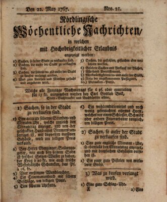 Nördlingische wöchentliche Nachrichten (Intelligenzblatt der Königlich Bayerischen Stadt Nördlingen) Freitag 22. Mai 1767