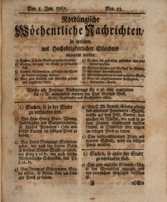 Nördlingische wöchentliche Nachrichten (Intelligenzblatt der Königlich Bayerischen Stadt Nördlingen) Freitag 5. Juni 1767