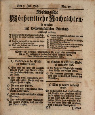 Nördlingische wöchentliche Nachrichten (Intelligenzblatt der Königlich Bayerischen Stadt Nördlingen) Freitag 3. Juli 1767