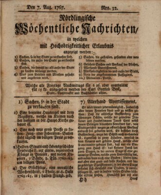 Nördlingische wöchentliche Nachrichten (Intelligenzblatt der Königlich Bayerischen Stadt Nördlingen) Freitag 7. August 1767