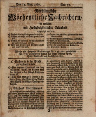 Nördlingische wöchentliche Nachrichten (Intelligenzblatt der Königlich Bayerischen Stadt Nördlingen) Freitag 14. August 1767