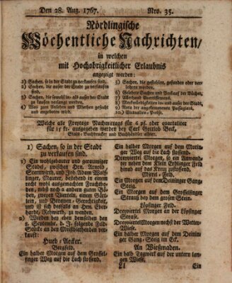 Nördlingische wöchentliche Nachrichten (Intelligenzblatt der Königlich Bayerischen Stadt Nördlingen) Freitag 28. August 1767