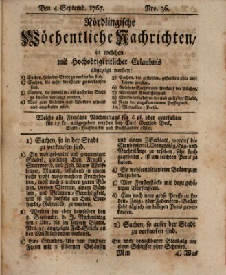 Nördlingische wöchentliche Nachrichten (Intelligenzblatt der Königlich Bayerischen Stadt Nördlingen) Freitag 4. September 1767