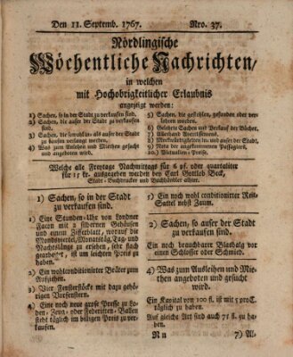 Nördlingische wöchentliche Nachrichten (Intelligenzblatt der Königlich Bayerischen Stadt Nördlingen) Freitag 11. September 1767