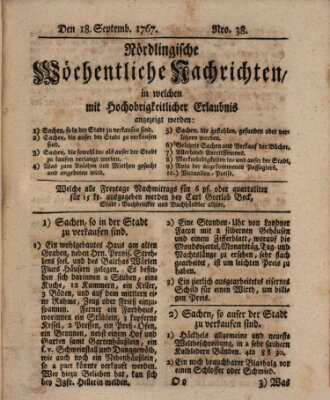 Nördlingische wöchentliche Nachrichten (Intelligenzblatt der Königlich Bayerischen Stadt Nördlingen) Freitag 18. September 1767