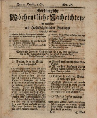 Nördlingische wöchentliche Nachrichten (Intelligenzblatt der Königlich Bayerischen Stadt Nördlingen) Freitag 2. Oktober 1767