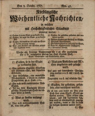 Nördlingische wöchentliche Nachrichten (Intelligenzblatt der Königlich Bayerischen Stadt Nördlingen) Freitag 9. Oktober 1767