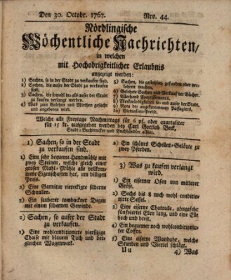 Nördlingische wöchentliche Nachrichten (Intelligenzblatt der Königlich Bayerischen Stadt Nördlingen) Freitag 30. Oktober 1767