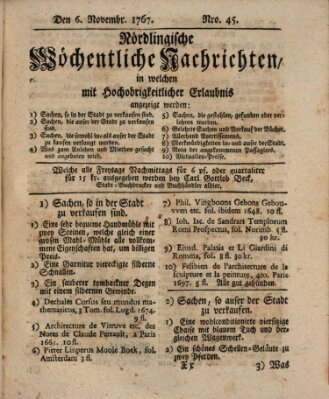 Nördlingische wöchentliche Nachrichten (Intelligenzblatt der Königlich Bayerischen Stadt Nördlingen) Freitag 6. November 1767