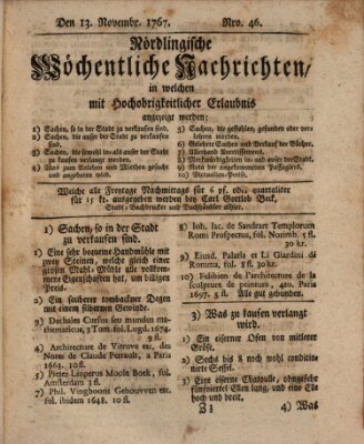 Nördlingische wöchentliche Nachrichten (Intelligenzblatt der Königlich Bayerischen Stadt Nördlingen) Freitag 13. November 1767